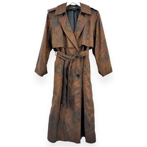 RARE Vintage Forecaster of Boston Brown Tapestry Print Nylon Belted Trench Coat - Picture 1 of 11